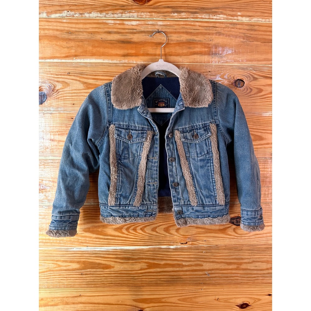 Route 66 Kids Denim Trucker Jacket Faux Fur Trim Fleece Lined Medium Wash Blue